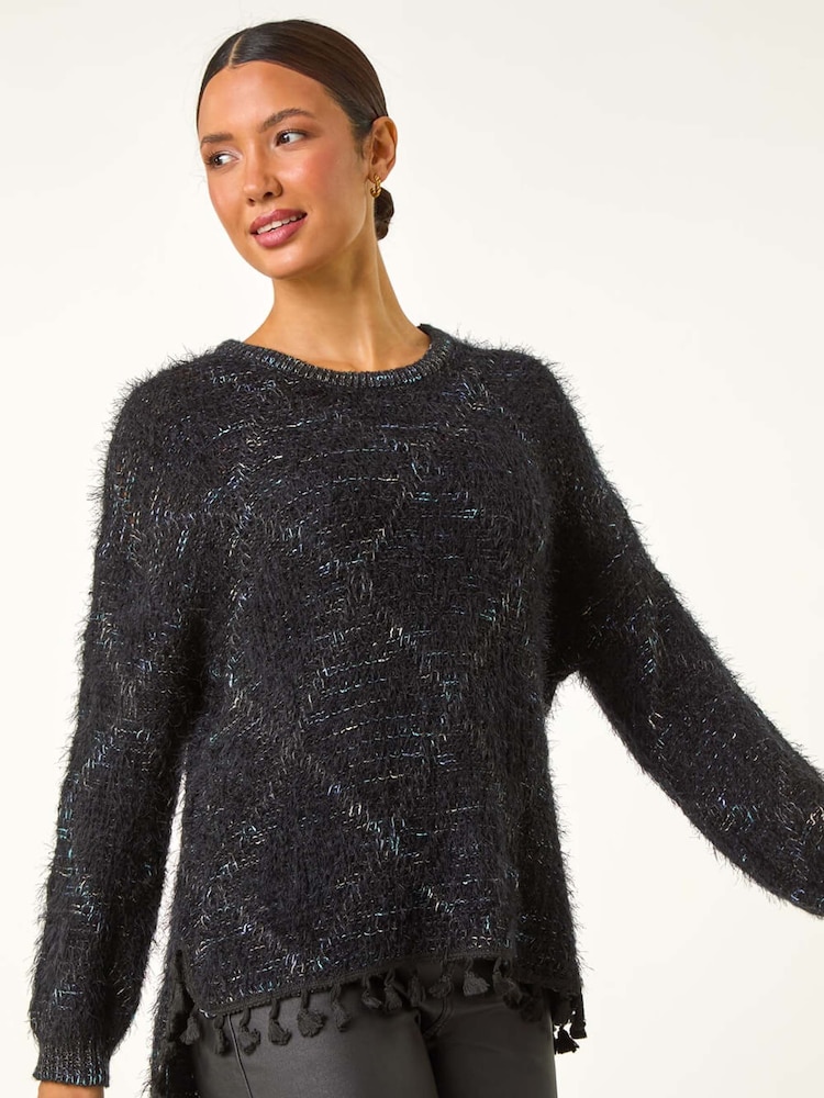Roman Black Fluffy Knit Fringe Hem Jumper - Image 1 of 6