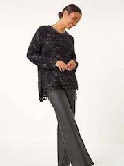 Roman Black Fluffy Knit Fringe Hem Jumper - Image 3 of 6