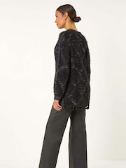 Roman Black Fluffy Knit Fringe Hem Jumper - Image 4 of 6