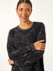 Roman Black Fluffy Knit Fringe Hem Jumper - Image 5 of 6