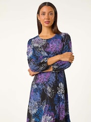 Roman Purple Foliage Print Tea Dress - Image 4 of 5