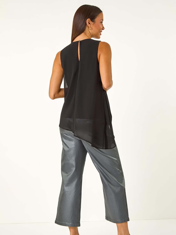 Roman Black Neck Trim Asymmetric Woven Top - Image 2 of 5
