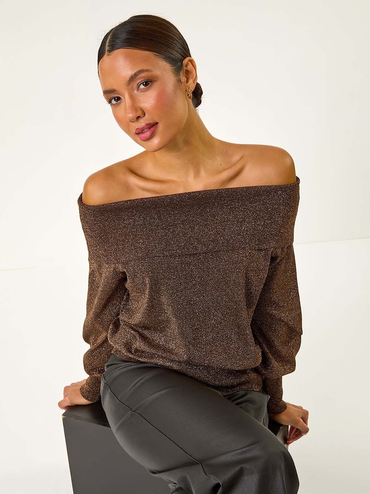 Roman Brown Bardot Shimmer Knit Jumper - Image 1 of 5