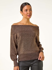 Roman Brown Bardot Shimmer Knit Jumper - Image 4 of 5