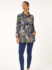 Roman Blue Floral Printed Roll Neck Top - Image 2 of 5