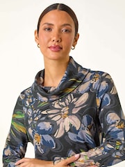 Roman Blue Floral Printed Roll Neck Top - Image 4 of 5