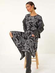 Roman Black Floral A-Line Midi Dress - Image 1 of 6
