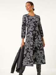 Roman Black Floral A-Line Midi Dress - Image 3 of 6