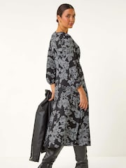 Roman Black Floral A-Line Midi Dress - Image 4 of 6