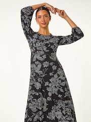 Roman Black Floral A-Line Midi Dress - Image 5 of 6