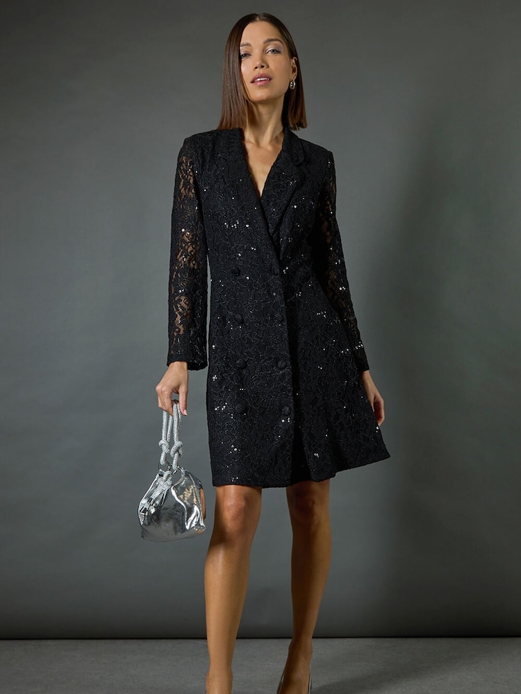 Roman Black Sequin Lace Blazer Dress - Image 2 of 8 Roman Black Sequin Lace Blazer Dress - Image 2 of 8