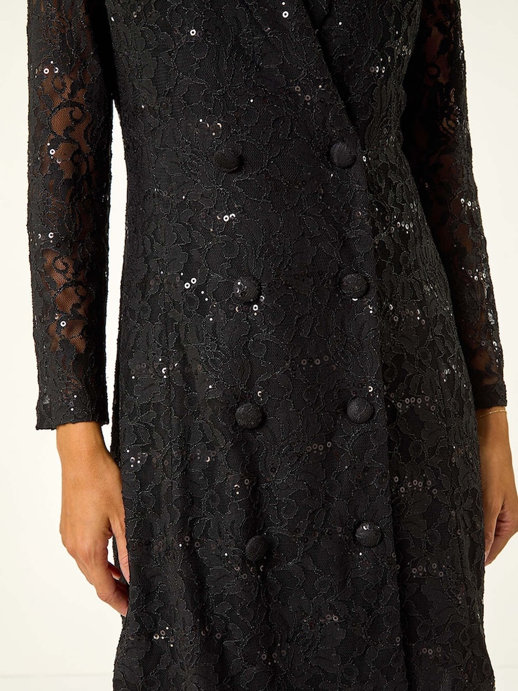 Roman Black Sequin Lace Blazer Dress - Image 8 of 8 Roman Black Sequin Lace Blazer Dress - Image 8 of 8