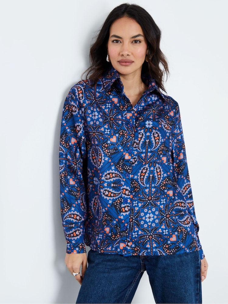 Another Sunday Blue Cobalt Oversized Animal Paisley Print Satin Shirt - Image 1 of 4