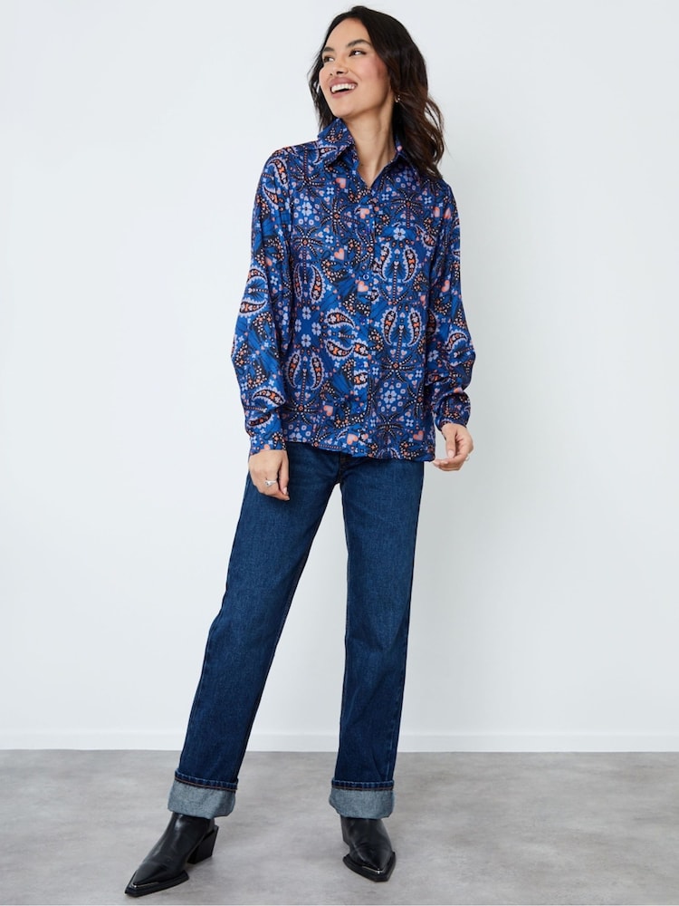 Another Sunday Blue Cobalt Oversized Animal Paisley Print Satin Shirt - Image 3 of 4