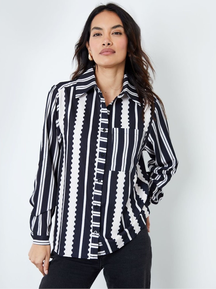 Another Sunday Black Oversized Mono Stripe Print Satin Co-ord Shirt - Image 1 of 1