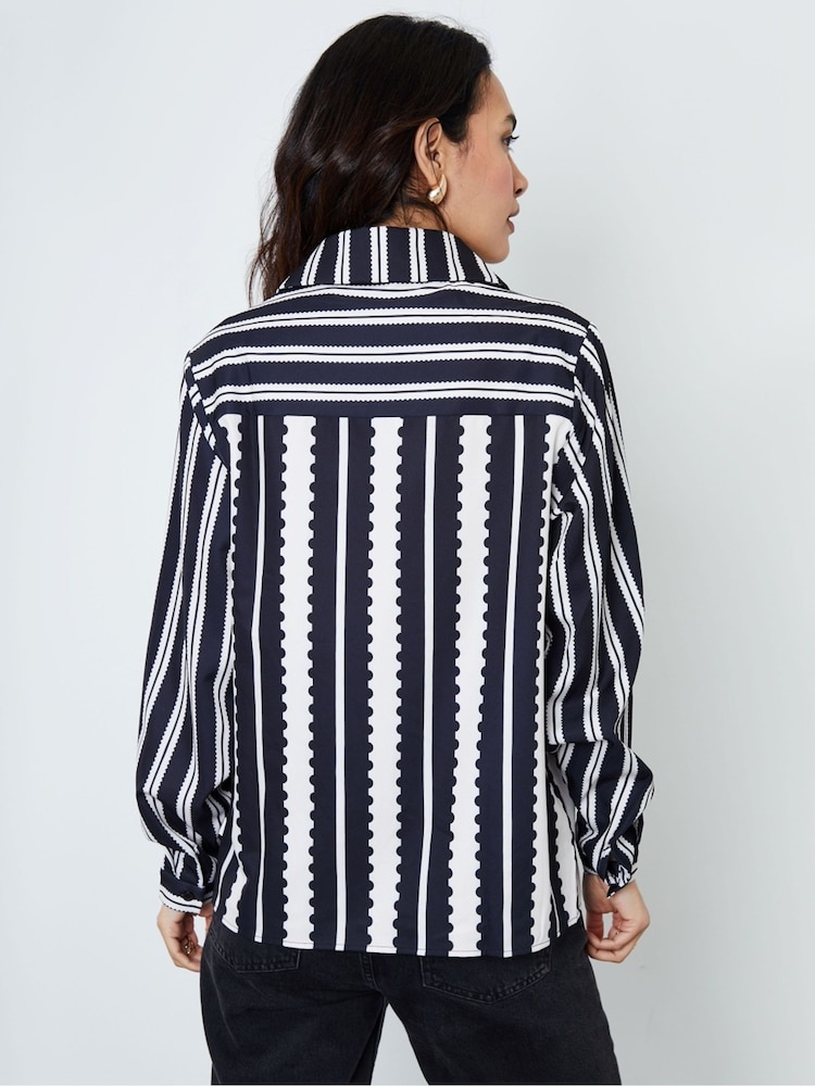 Another Sunday Black Oversized Mono Stripe Print Satin Co-ord Shirt - Image 2 of 5
