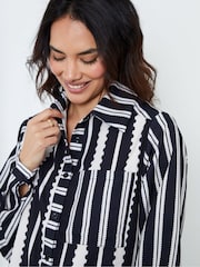 Another Sunday Black Oversized Mono Stripe Print Satin Co-ord Shirt - Image 3 of 5