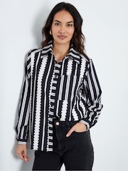 Another Sunday Black Oversized Mono Stripe Print Satin Co-ord Shirt - Image 4 of 5