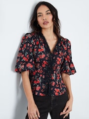 Another Sunday Red Lace Trim Puff Sleeves Ditsy Floral Print Blouse - Image 1 of 5