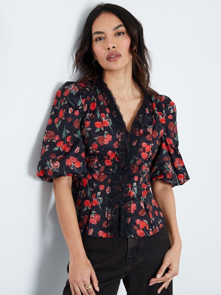 Another Sunday Red Lace Trim Puff Sleeves Ditsy Floral Print Blouse - Image 1 of 5 Another Sunday Red Lace Trim Puff Sleeves Ditsy Floral Print Blouse - Image 1 of 5