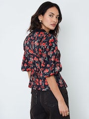 Another Sunday Red Lace Trim Puff Sleeves Ditsy Floral Print Blouse - Image 2 of 5