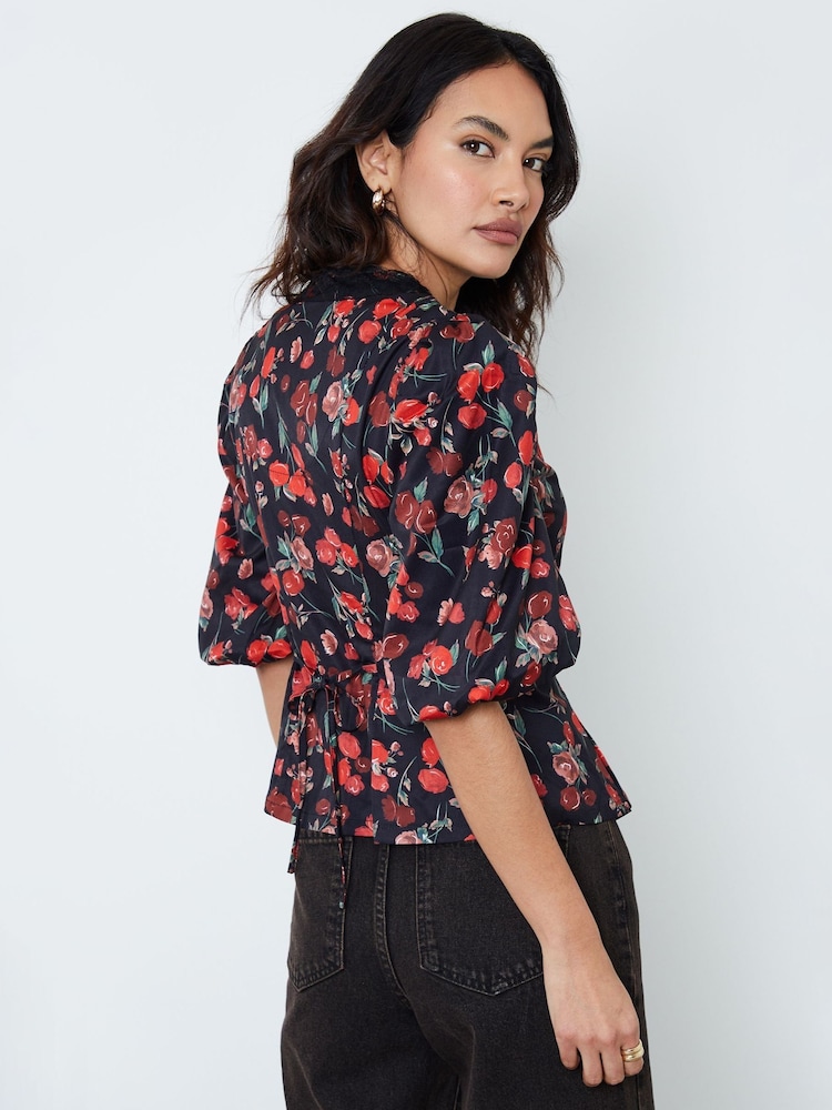 Another Sunday Red Lace Trim Puff Sleeves Ditsy Floral Print Blouse - Image 2 of 5