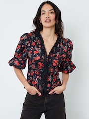 Another Sunday Red Lace Trim Puff Sleeves Ditsy Floral Print Blouse - Image 3 of 5