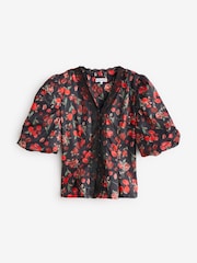 Another Sunday Red Lace Trim Puff Sleeves Ditsy Floral Print Blouse - Image 5 of 5