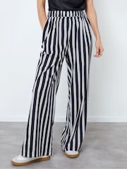 Another Sunday Black Mono Stripe Print Wide Leg Satin Co-ord Trousers - Image 1 of 4