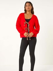 Roman Red Leopard Print Tie Front V-Neck Cardigan - Image 1 of 5