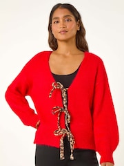 Roman Red Leopard Print Tie Front V-Neck Cardigan - Image 3 of 5