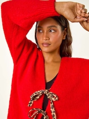 Roman Red Leopard Print Tie Front V-Neck Cardigan - Image 4 of 5