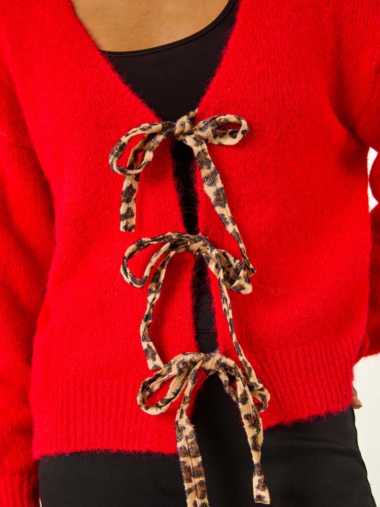 Roman Red Leopard Print Tie Front V-Neck Cardigan - Image 5 of 5