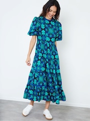 Another Sunday Blue Cobalt Poplin Puff Sleeve Tiered Midi Geo Print Smock Dress - Image 1 of 4