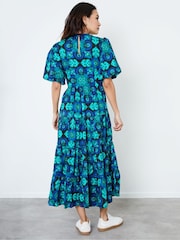 Another Sunday Blue Cobalt Poplin Puff Sleeve Tiered Midi Geo Print Smock Dress - Image 2 of 4