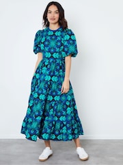 Another Sunday Blue Cobalt Poplin Puff Sleeve Tiered Midi Geo Print Smock Dress - Image 3 of 4
