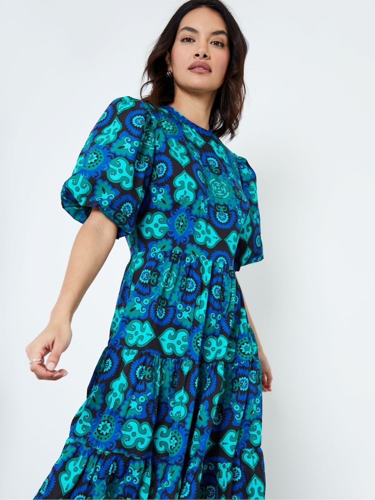 Another Sunday Blue Cobalt Poplin Puff Sleeve Tiered Midi Geo Print Smock Dress - Image 4 of 4