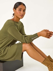 Roman Green Button Detail Slash Neck Knitted Stretch Jumper Dress - Image 1 of 5