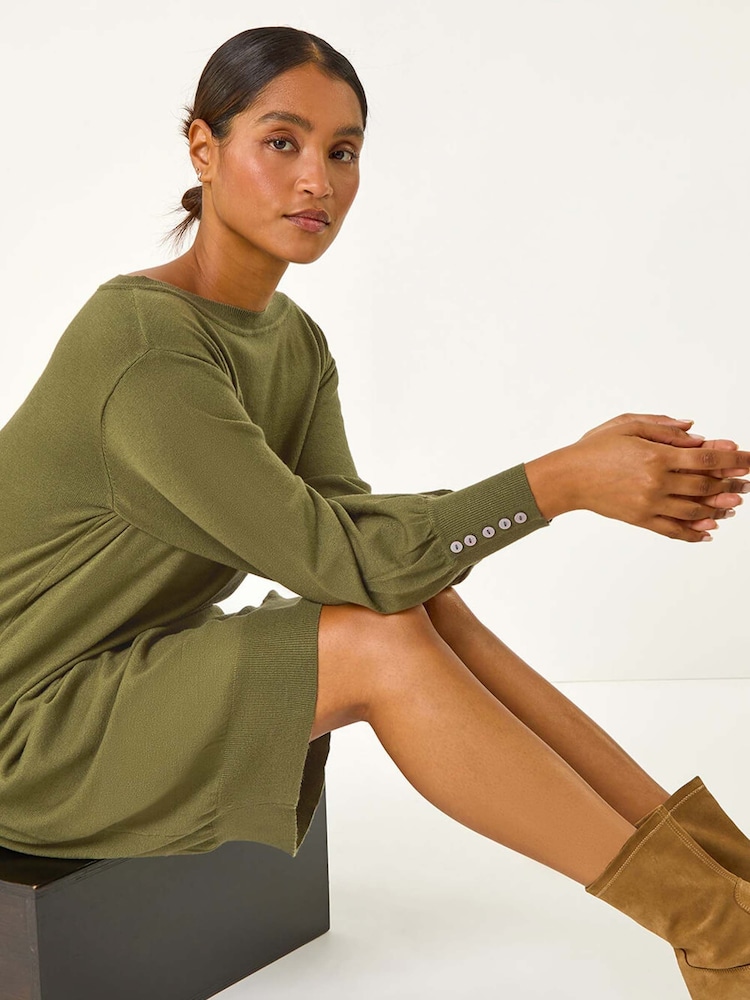 Roman Green Button Detail Slash Neck Knitted Stretch Jumper Dress - Image 1 of 5