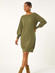 Roman Green Button Detail Slash Neck Knitted Stretch Jumper Dress - Image 2 of 5