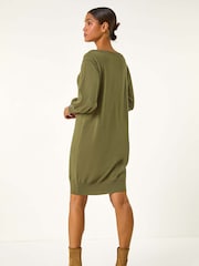 Roman Green Button Detail Slash Neck Knitted Stretch Jumper Dress - Image 3 of 5