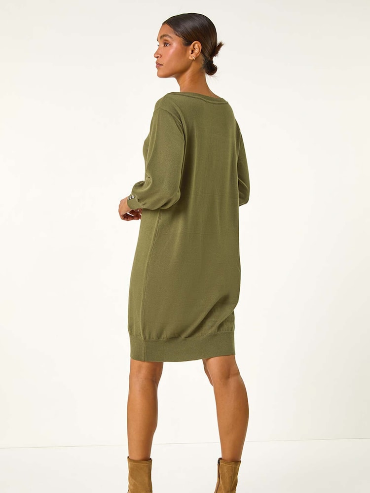 Roman Green Button Detail Slash Neck Knitted Stretch Jumper Dress - Image 3 of 5
