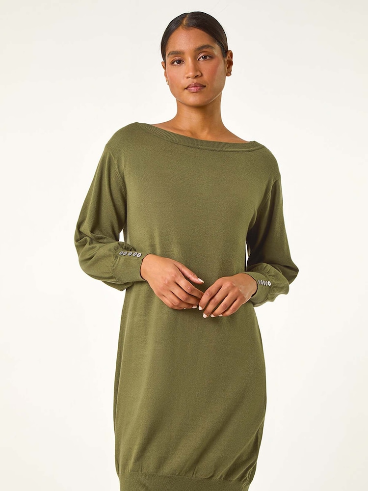 Roman Green Button Detail Slash Neck Knitted Stretch Jumper Dress - Image 4 of 5