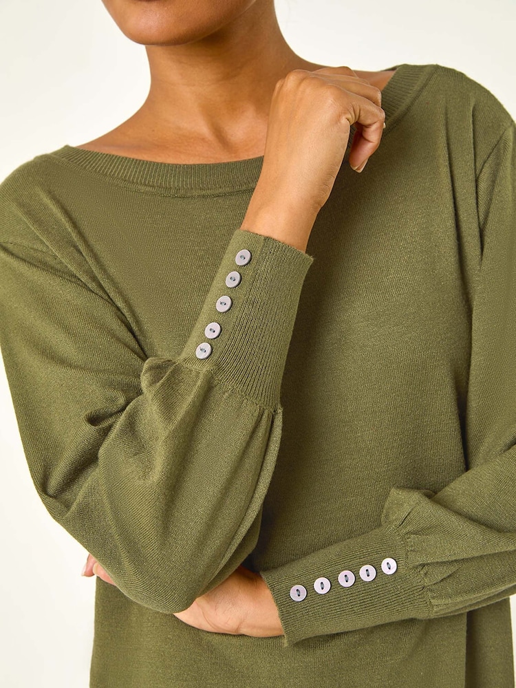 Roman Green Button Detail Slash Neck Knitted Stretch Jumper Dress - Image 5 of 5