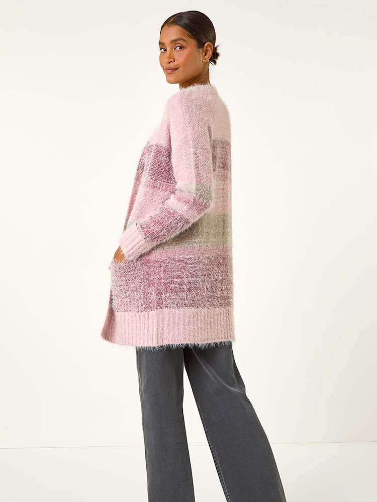 Roman Pink Fluffy Stripe Pocket Cardigan - Image 1 of 5