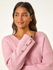 Roman Pink Button Detail V-Neck Jumper - Image 1 of 5