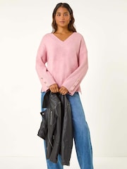 Roman Pink Button Detail V-Neck Jumper - Image 2 of 5