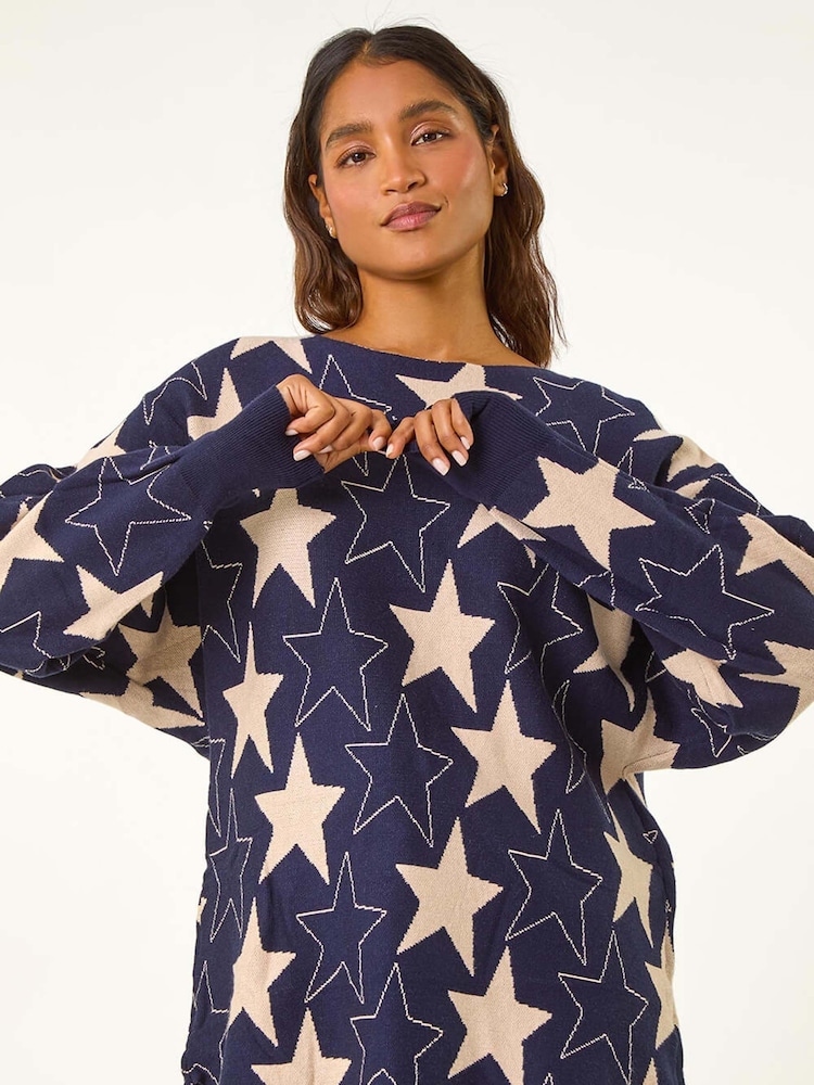 Roman Blue Star Print Long Sleeve Knit Jumper - Image 1 of 5
