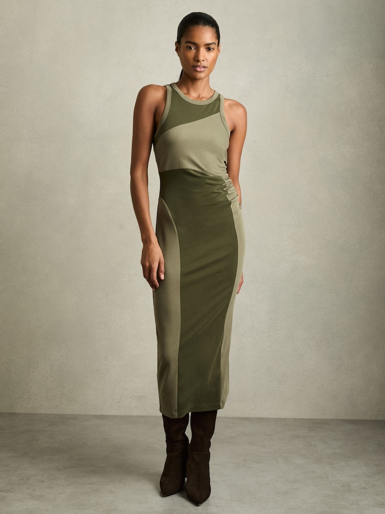 Reiss Khaki Ava Colourblock Jersey Bodycon Dress - Image 1 of 6