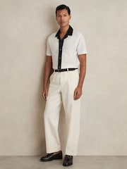 Reiss White/Navy Aster Cotton Textured Colour-Block Shirt - Image 1 of 5